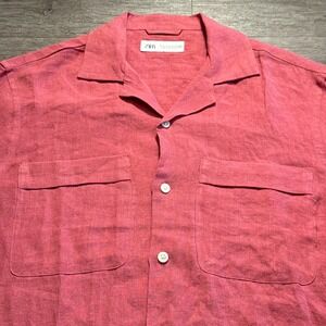Zara‎ Shirt Mens Medium Pink Short Sleeve Camp 100% Linen Pocket Pocket Costal
